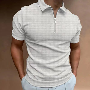 2023 Summer New Men's Zipper Waffle Polo Shirt Short Sleeve Waffle Lattice Casual T-shirt Men Thin Solid Color