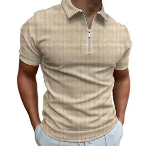 2023 Summer New Men's Zipper Waffle Polo Shirt Short Sleeve Waffle Lattice Casual T-shirt Men Thin Solid Color