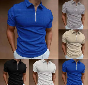 2023 Summer New Men's Zipper Waffle Polo Shirt Short Sleeve Waffle Lattice Casual T-shirt Men Thin Solid Color